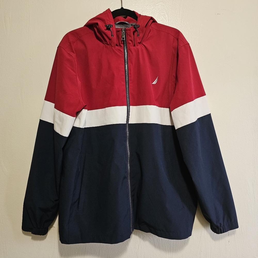 Nautica Mens Jacket XL Color Block Blue/Red/White Long Sleeve Hooded Windbreaker